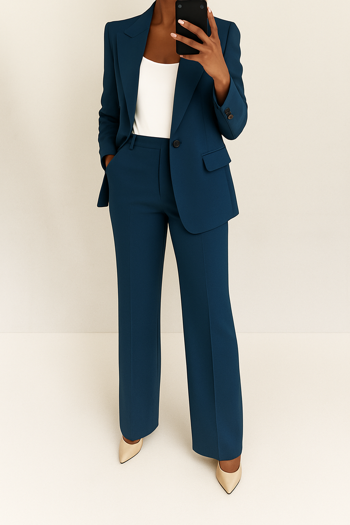 Women's matching long sleeve blazer and straight leg trousers suit, perfect professional wear.