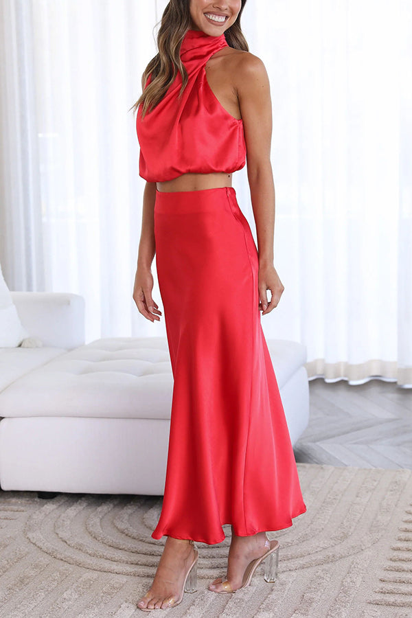 Stunning women's formal maxi skirt and matching halter top, ideal for weddings.
