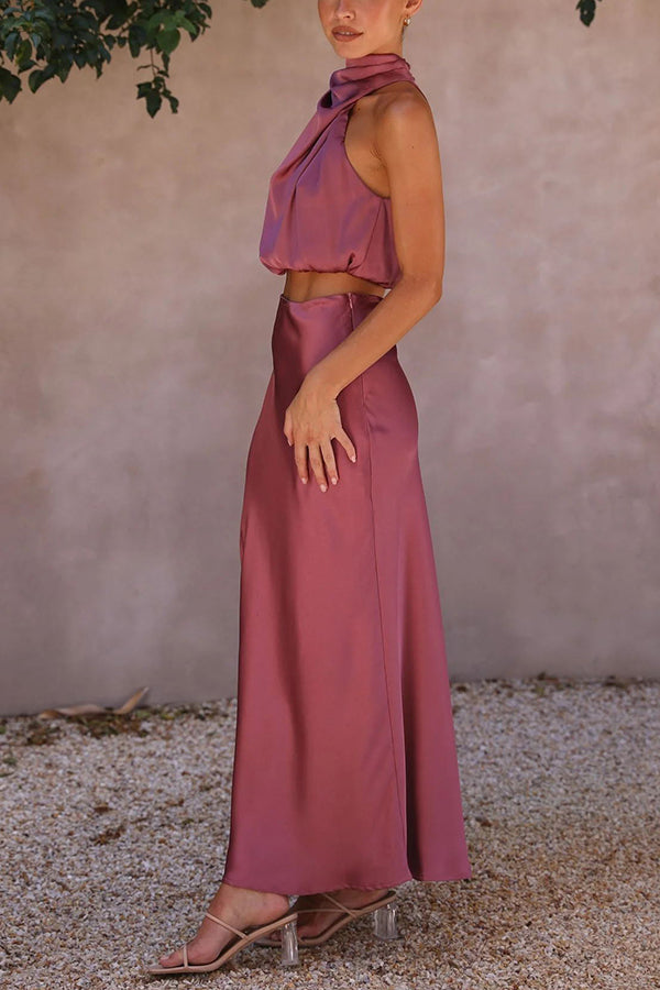 Women's sleek halter top & floor-length maxi skirt co-ord set, perfect for special events.