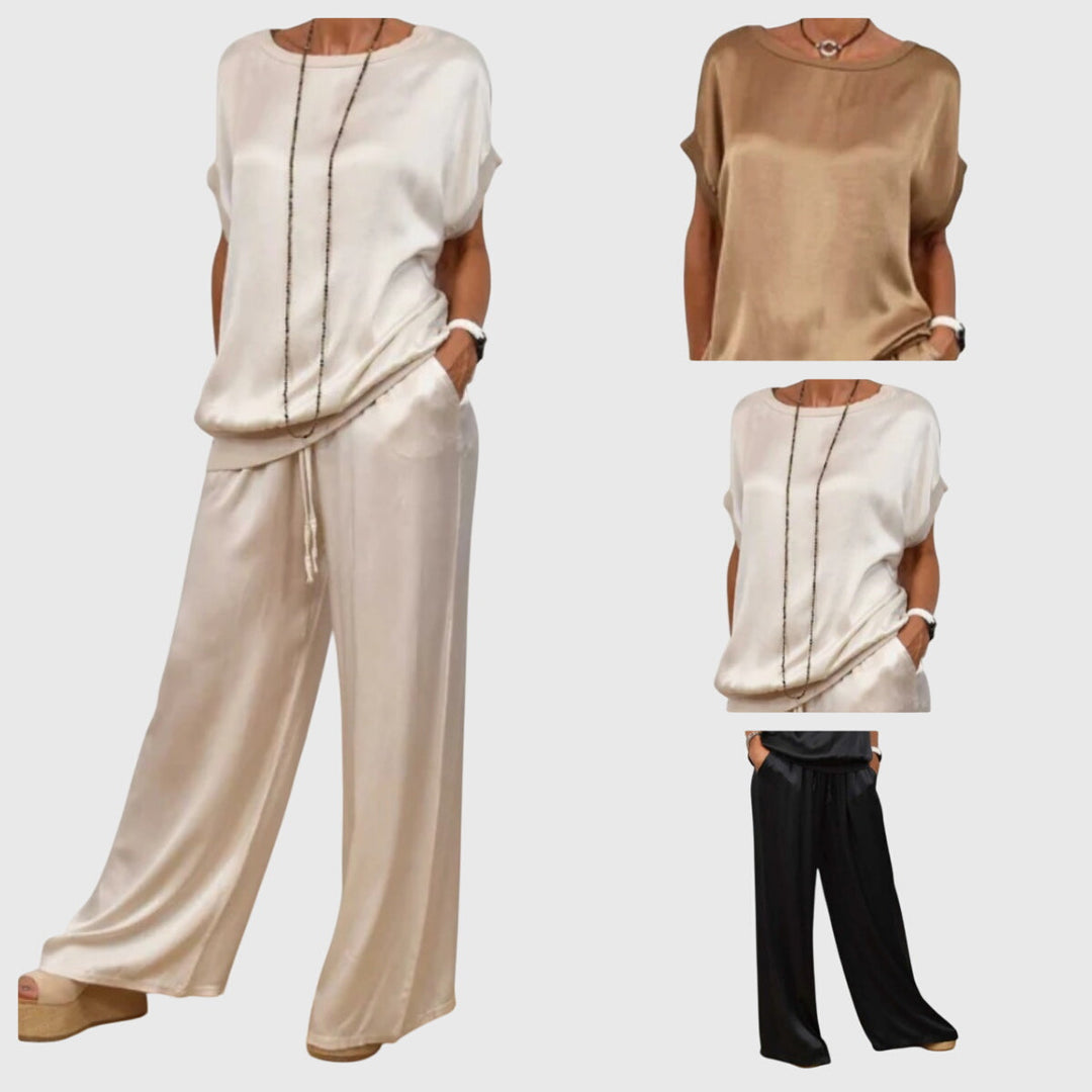 Stylish women's elegant two-piece loungewear set in a versatile matching design with wide-leg pants for comfort.