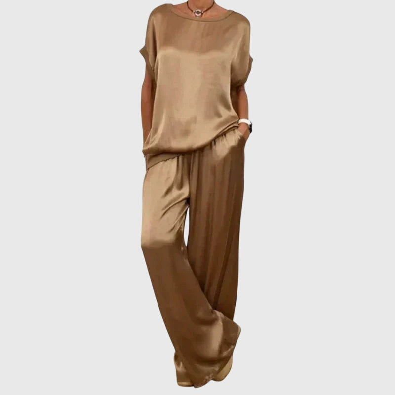 Women's elegant loungewear set featuring a stylish top and comfortable wide-leg pants for a matching look.
