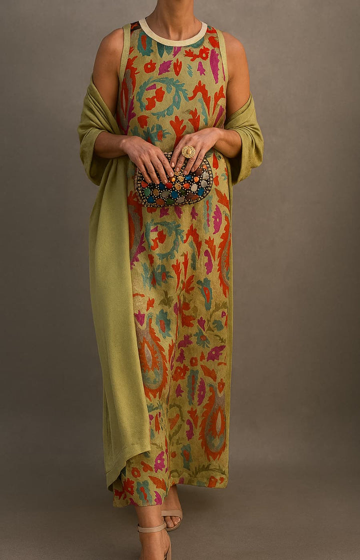 Elegant women's two-piece maxi dress & open-front coat set, perfect for versatile spring/summer fashion.
