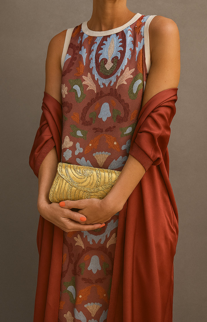 Coordinated set: Women's printed sleeveless maxi dress & matching open-front coat for an elegant layered look.