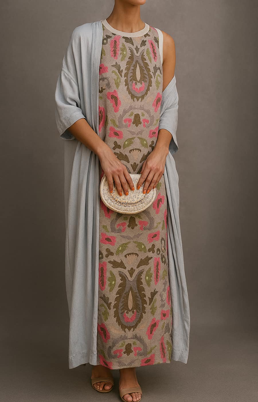Stylish women's maxi dress & coat set, a versatile two-piece outfit for elegant spring and summer occasions.