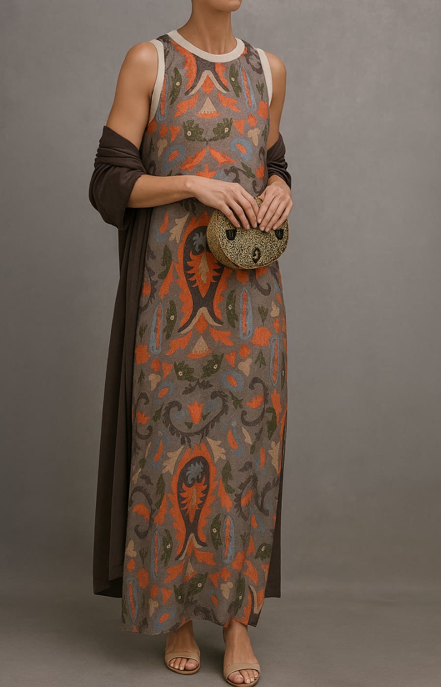 Chic women's printed maxi dress & long open-front coat set, an elegant and comfortable two-piece ensemble.