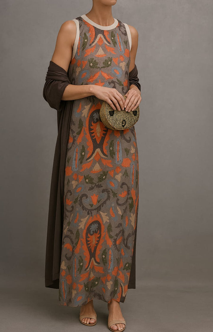Chic women's printed maxi dress & long open-front coat set, an elegant and comfortable two-piece ensemble.
