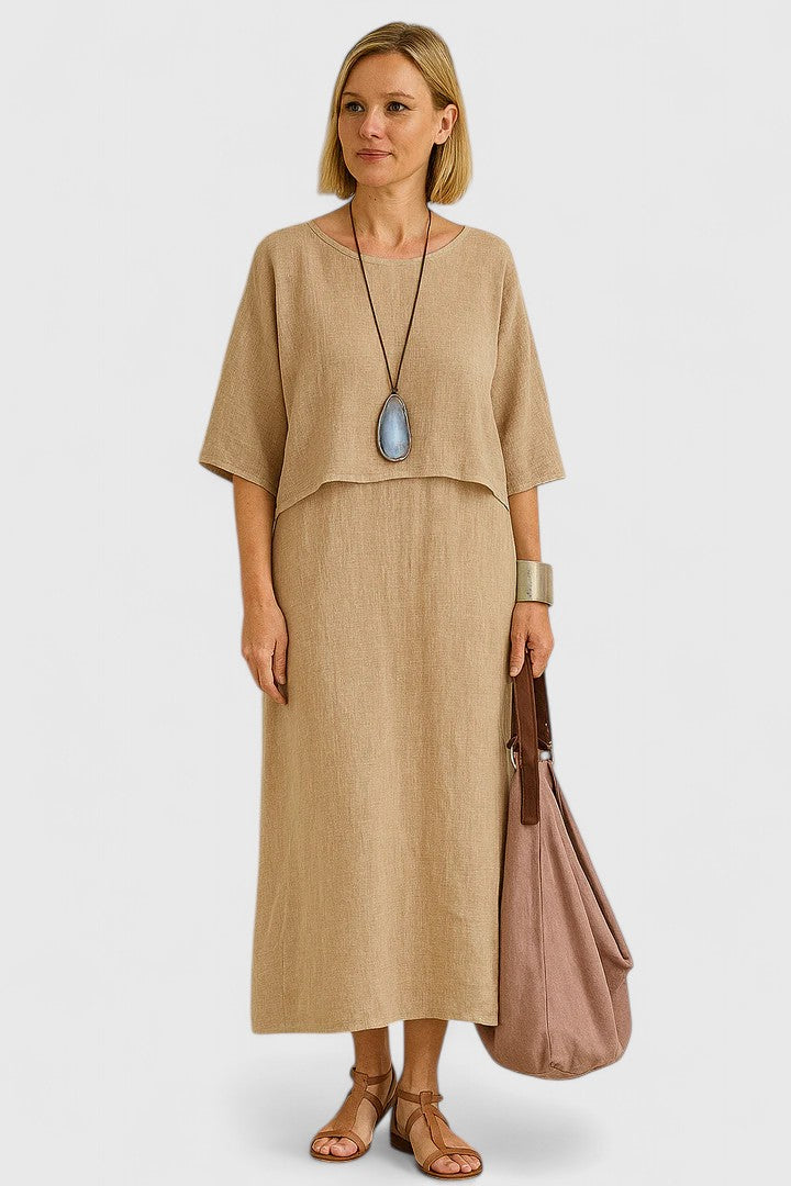 Khaki elegant women's two-piece outfit with matching top & skirt, ideal for casual or evening wear.