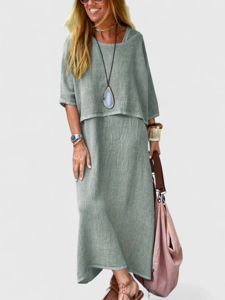 Women's versatile two-piece elegant outfit. Matching top and skirt set for casual or evening styling.