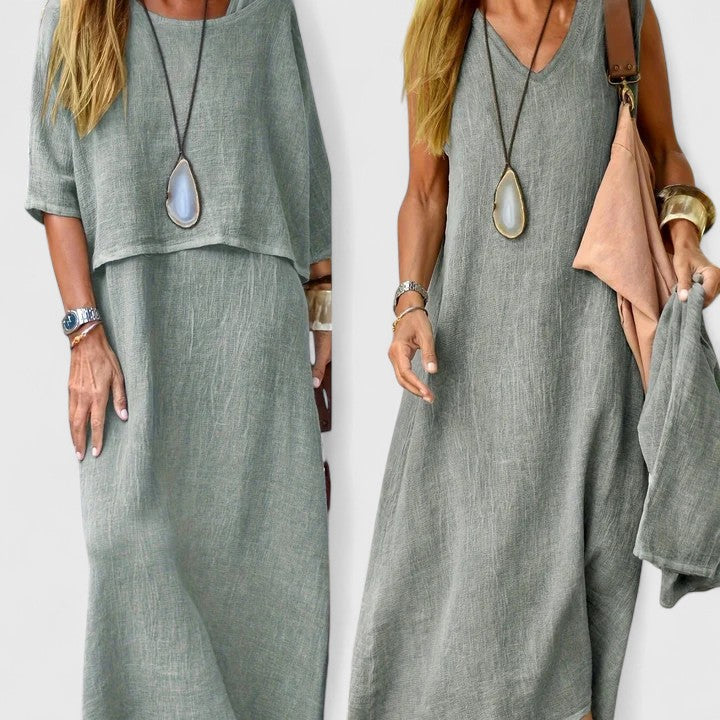 Women's elegant two-piece set, flowing skirt and matching top. Available in khaki, blue, grey, black.