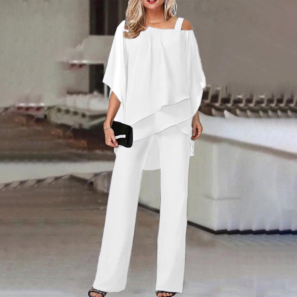 Sophisticated women's wide-leg two-piece outfit with a sleek draped top, ideal for elegant fashion.