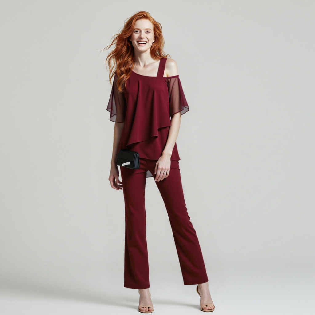 Modern women's draped two-piece set with wide-leg pants, offering versatile fashion for day or evening.