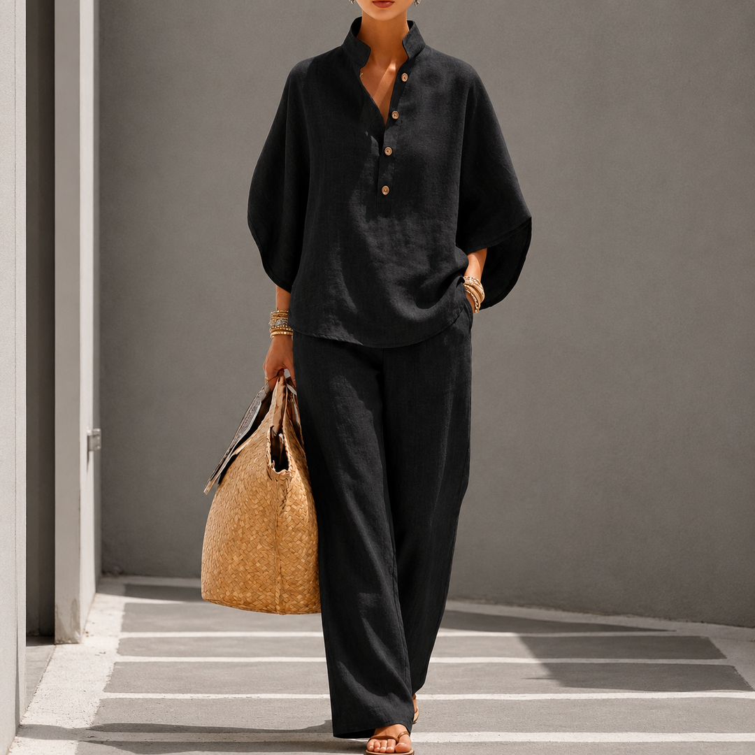 Women's relaxed fit blouse and wide-leg trousers two-piece set. Versatile elegant loungewear.