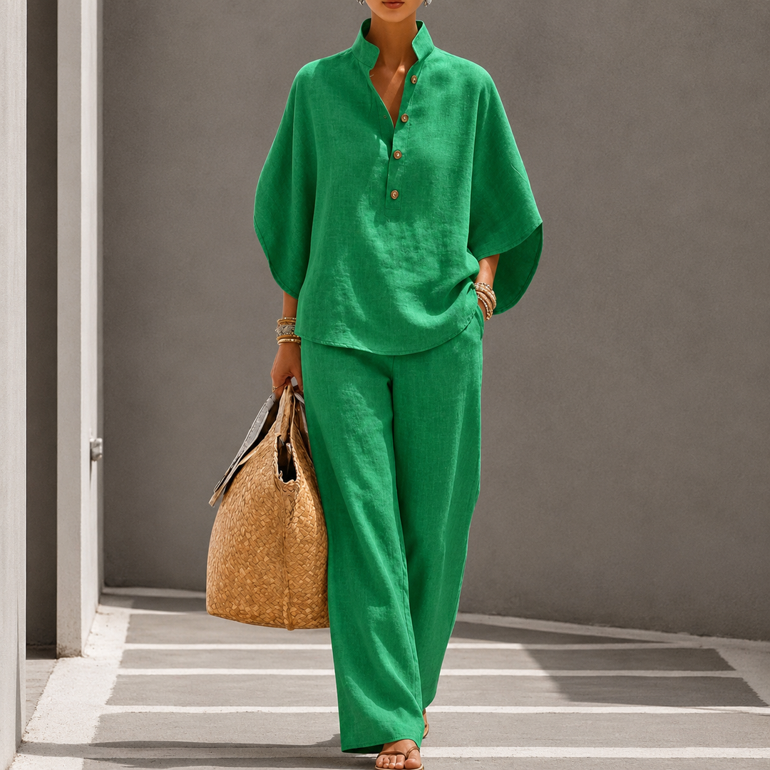 Stylish women's two-piece set: relaxed fit blouse, wide-leg trousers. Elegant, comfortable co-ord.