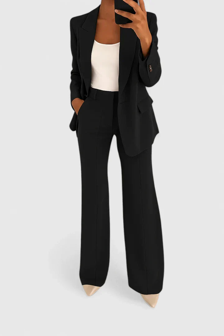 Elegant women's two-piece suit set for formal wear. Chic business casual attire, perfect for professional events.