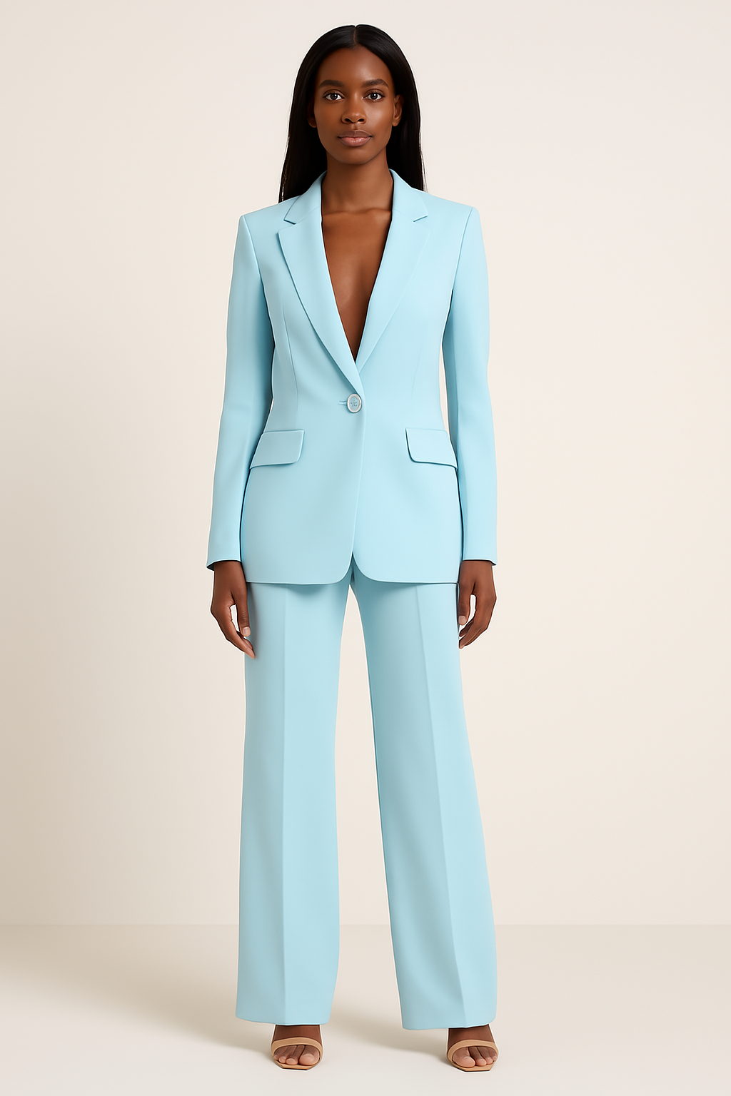 Elegant women's two-piece suit set with tailored blazer & trousers, perfect for professional office wear & formal occasions.