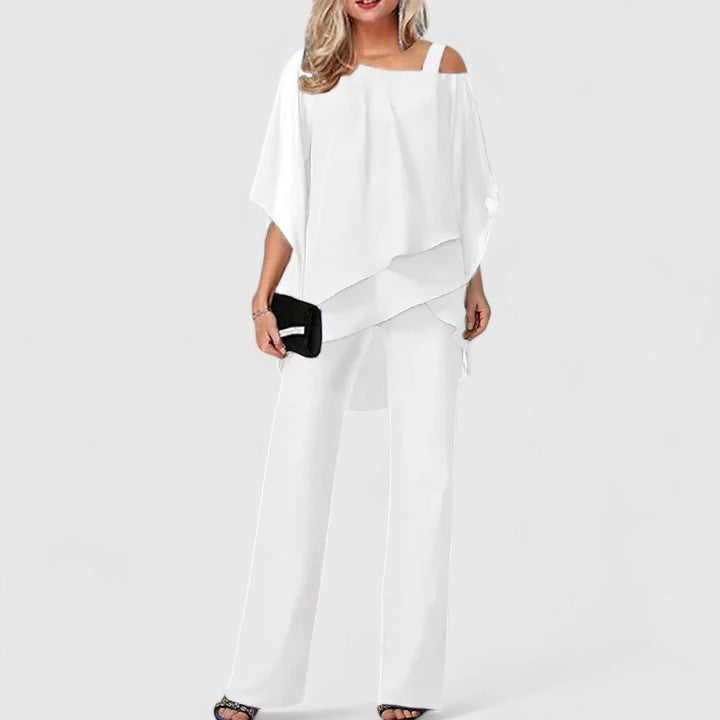 Stylish women's two-piece elegant trouser set, ideal for smart casual or professional wear.