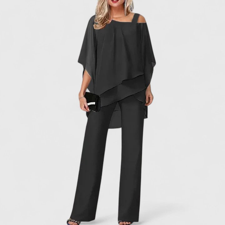 Versatile women's fashion: an elegant two-piece trouser set designed for comfortable, smart casual wear.