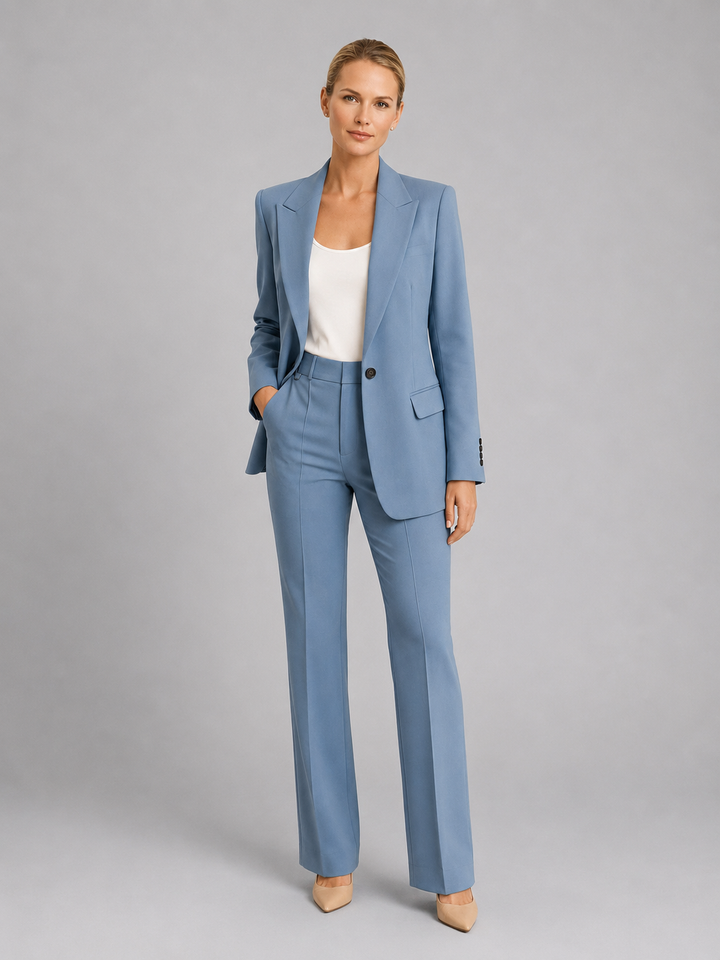 Tailored women's trouser suit featuring a chic blazer and high-waist trousers for formal wear.