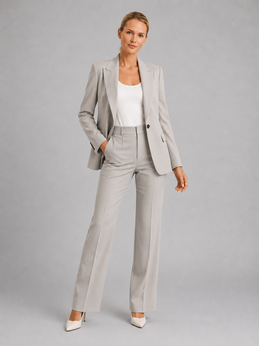 Formal women's trouser suit for weddings, featuring an elegant blazer and smart high-waist trousers.