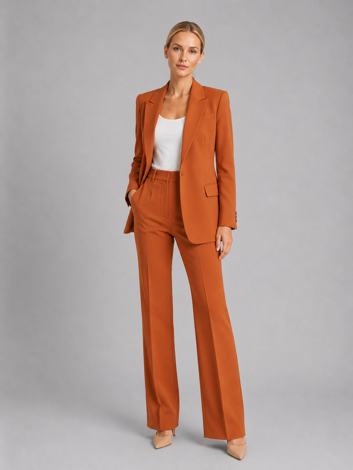 Modern women's formal trouser suit, a contemporary option for wedding guests and business events.