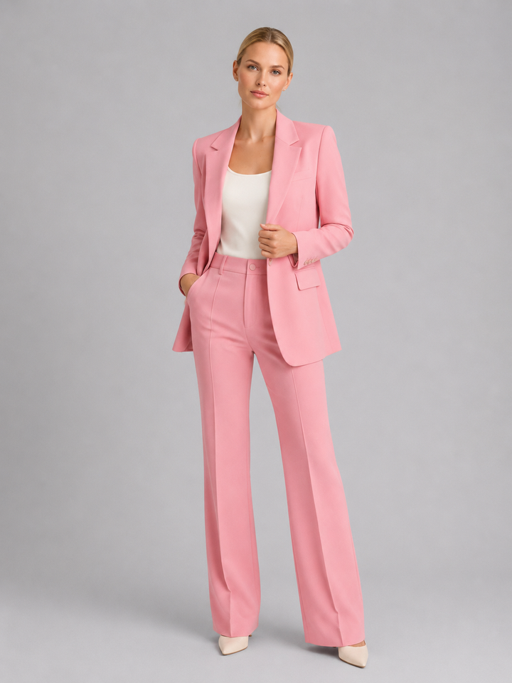 Complete women's occasionwear trouser suit set, perfect for a refined wedding guest or professional ensemble.