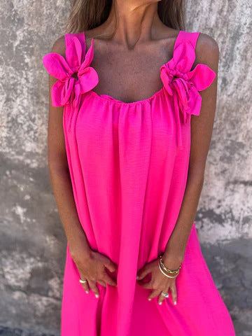 Flowy women's evening maxi dress featuring chic bow straps & U-neck design for elegant events.