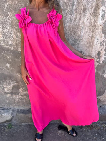 Side view of an elegant women's bow strap U-neck maxi dress, ideal for vacation or party.