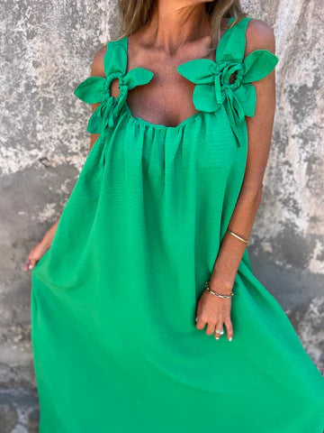 Vibrant red elegant women's U-neck maxi dress featuring bow straps, ideal for romantic evenings.