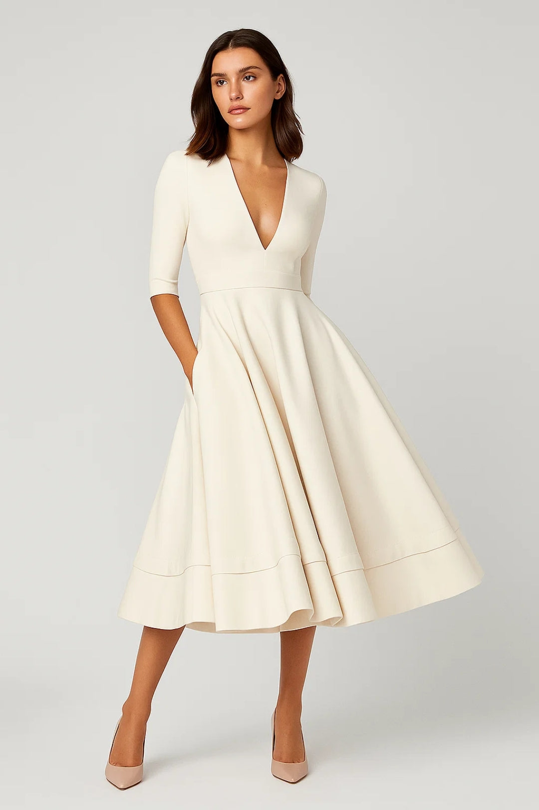Elegant women's V-neck A-line midi dress with 3/4 sleeves, perfect for cocktail parties or wedding guests.