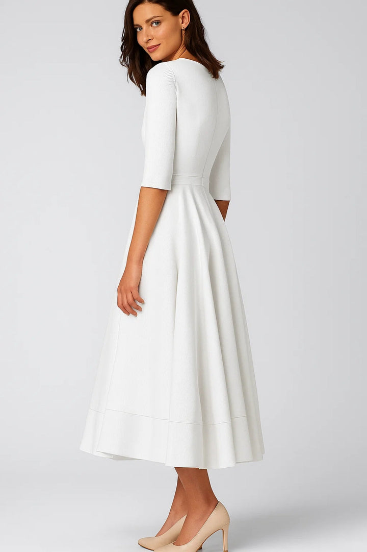 Sophisticated V-neck A-line midi dress for women, featuring chic 3/4 sleeves. Ideal for spring and autumn formal events.
