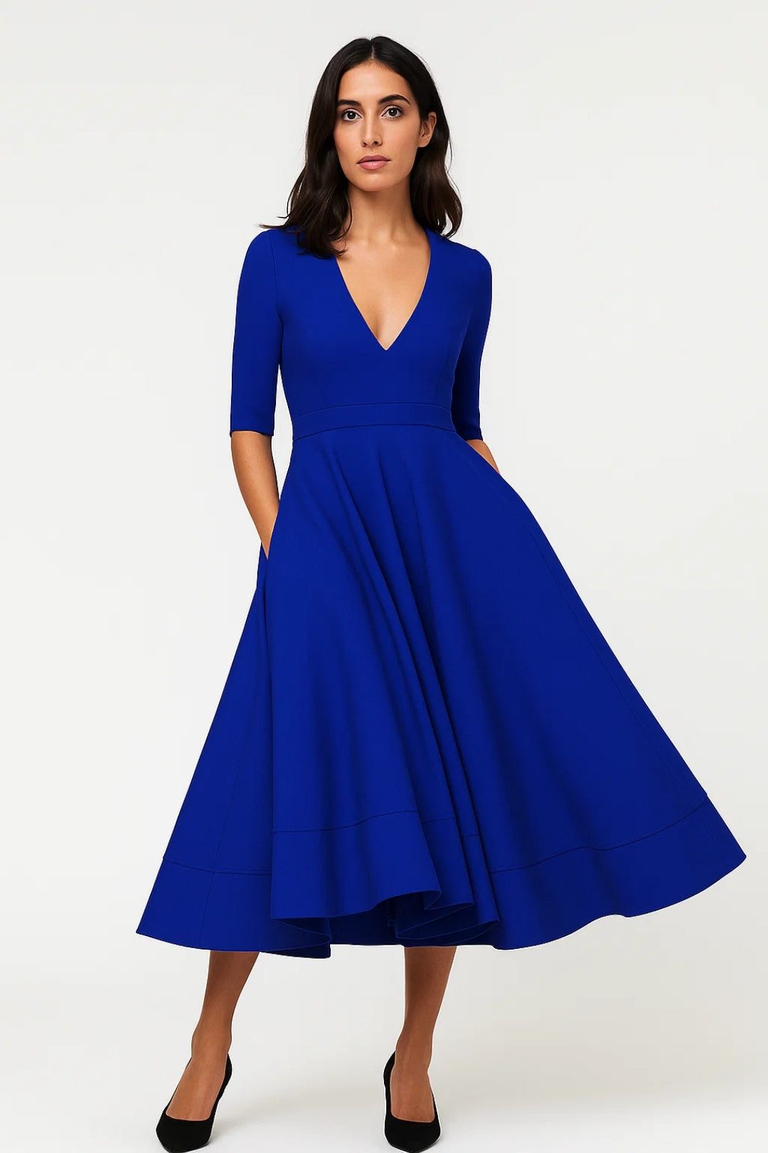 Classic women's midi A-line dress with flattering V-neck & 3/4 sleeves. A timeless choice for elegant formal occasions.