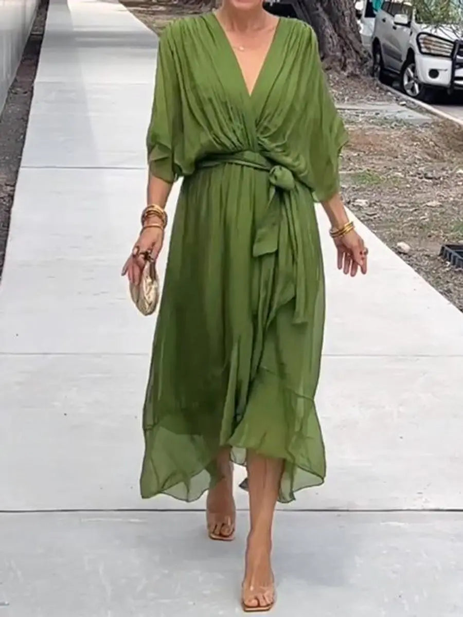 Elegant women's V-neck belted chiffon midi cocktail party dress, perfect for wedding guests & summer events.