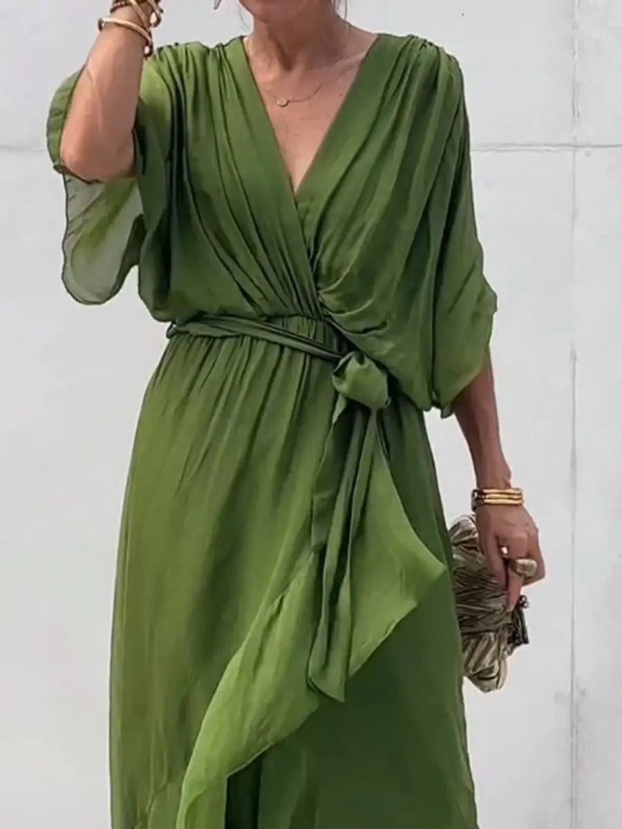 Women's elegant V-neck belted chiffon midi dress, a sophisticated choice for cocktail parties, evening, & formal events.