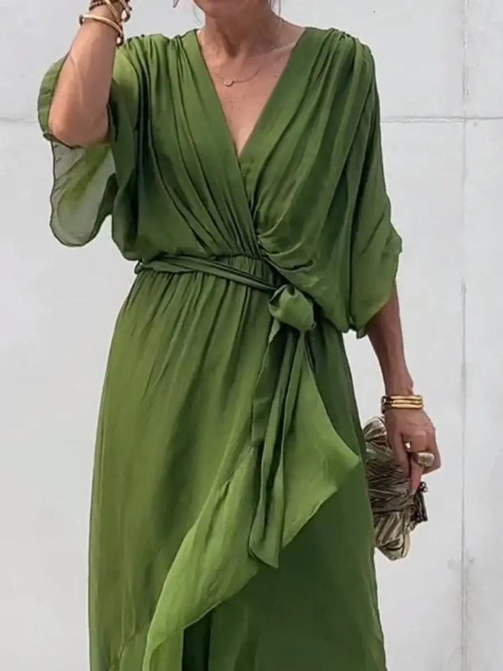 Women's elegant V-neck belted chiffon midi dress, a sophisticated choice for cocktail parties, evening, & formal events.