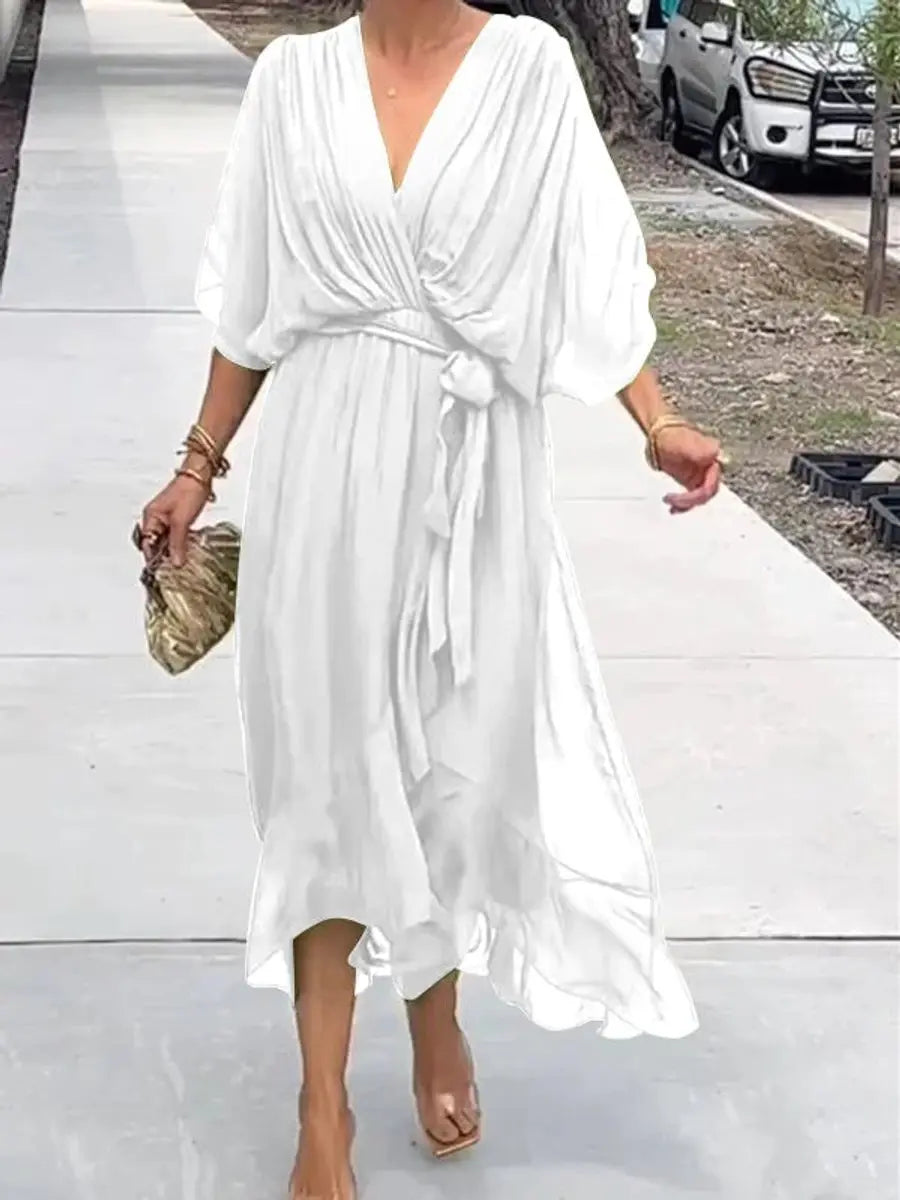 Flowy V-neck belted chiffon midi dress for women, ideal as a formal cocktail, party, or evening gown.
