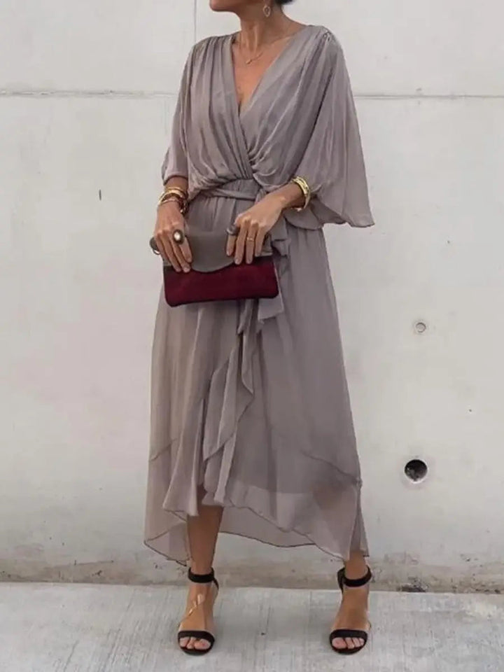 Women's V-neck chiffon midi dress with belt, versatile for cocktail parties, evening events, & as a wedding guest.