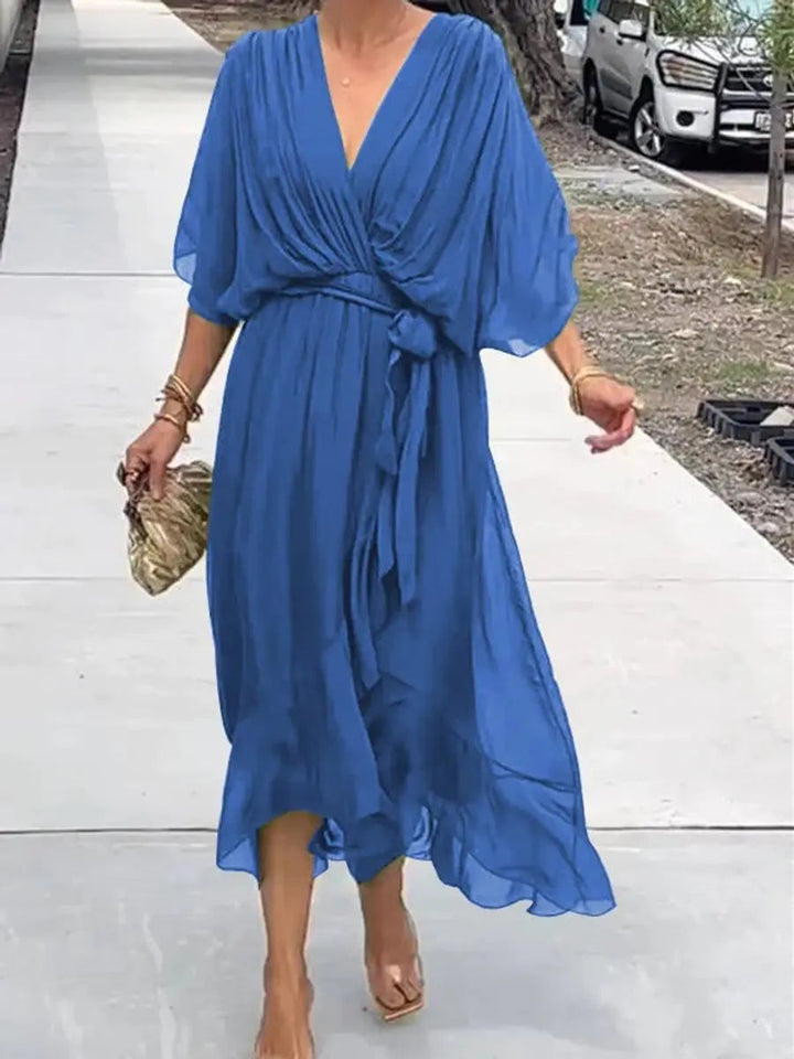 Stylish women's elegant V-neck belted chiffon midi dress, ideal for formal parties, evening, or summer occasions.