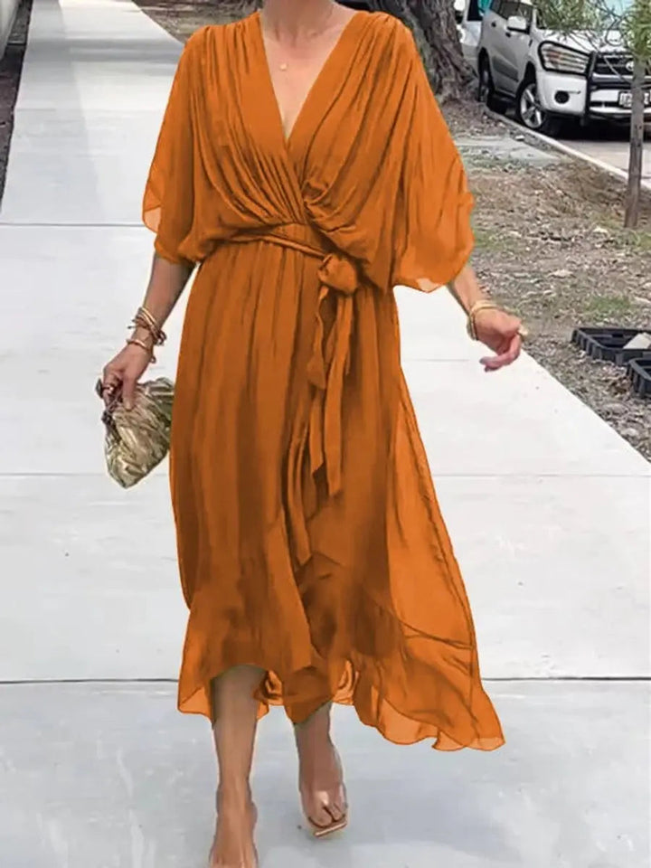 Women's V-neck belted chiffon midi cocktail dress. Elegant party wear, perfect for evening & wedding guests.