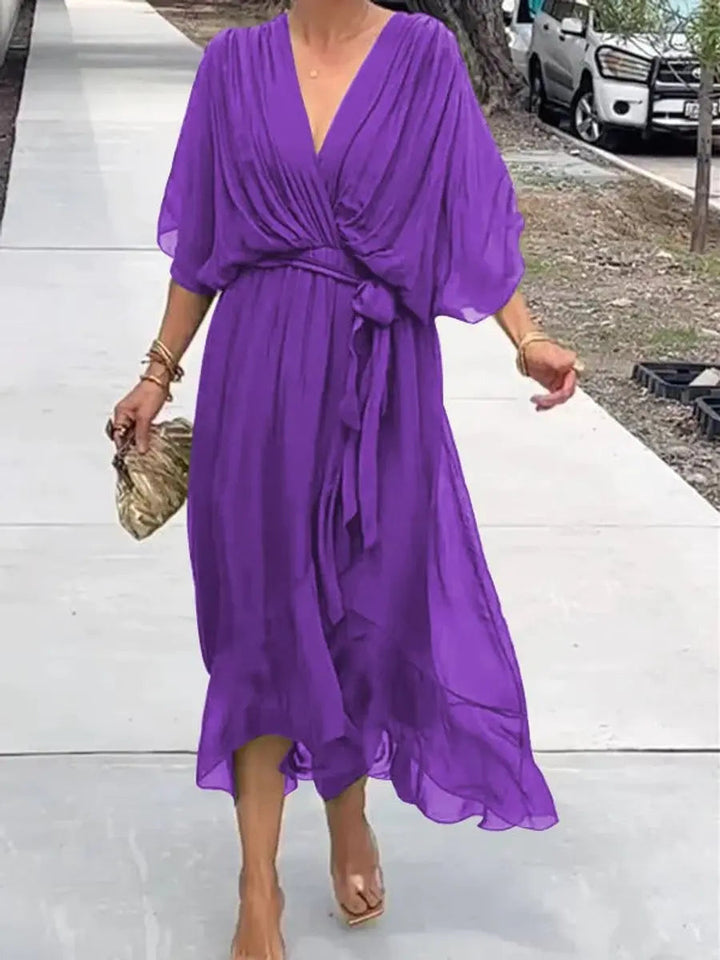 Detailed V-neck belted chiffon midi dress for women, offering a flowy, elegant look for any formal party.