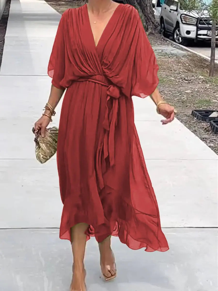 Chic women's V-neck belted midi cocktail party dress in chiffon, suitable for formal, evening & wedding guest wear.