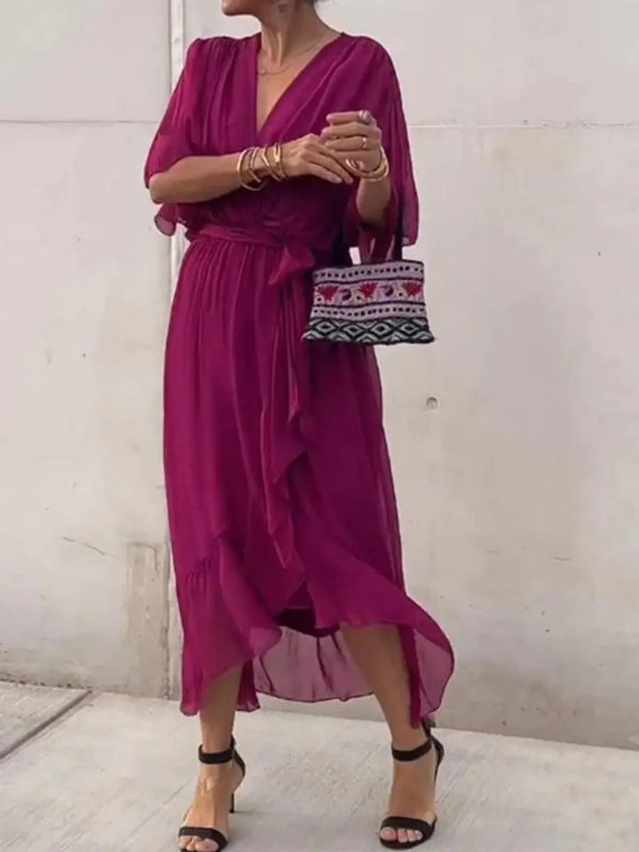 Lightweight, flowy chiffon V-neck midi dress for women with belted waist, perfect for summer parties & elegant events.