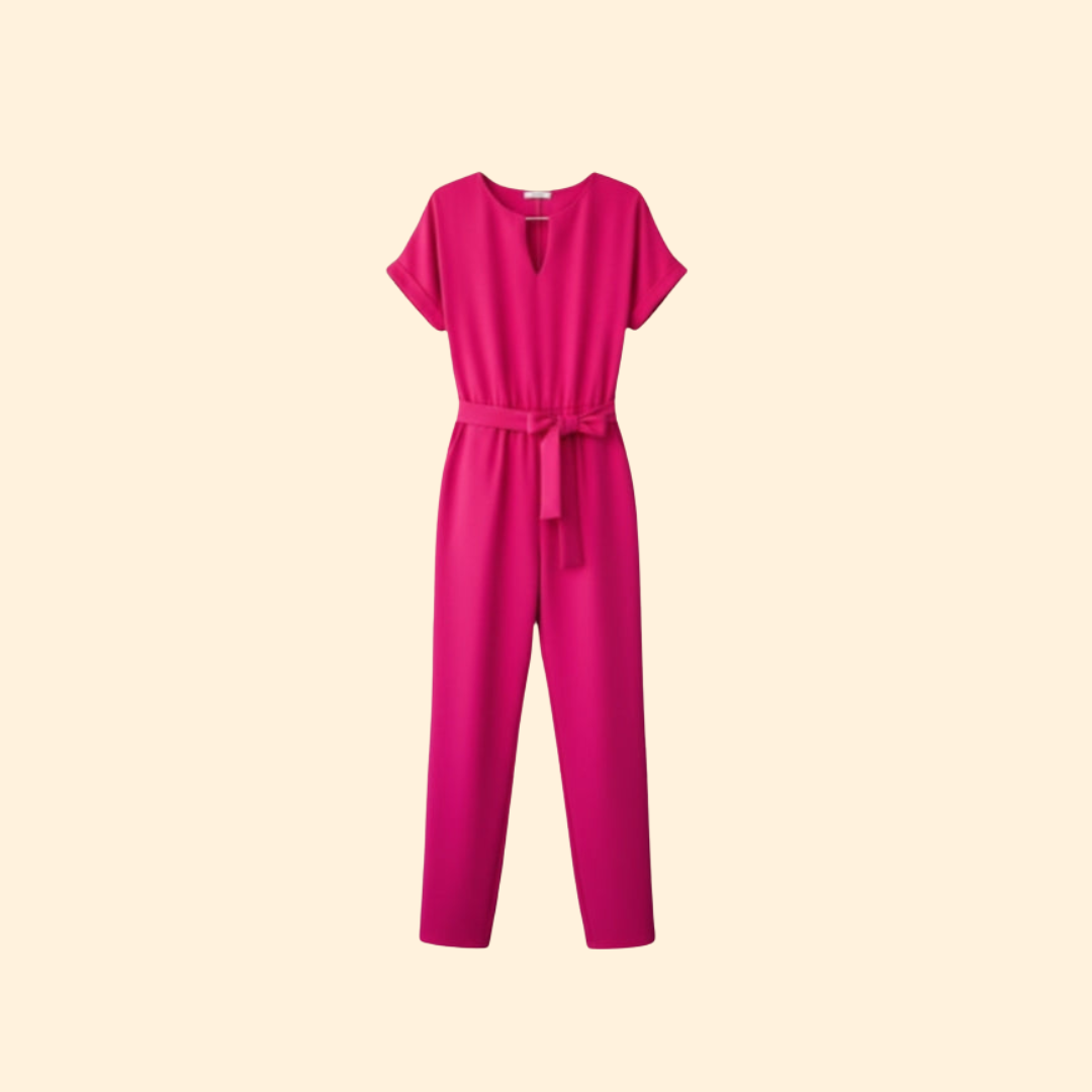 Elegant women's V-neck belted wide-leg jumpsuit, perfect for sophisticated fashion and versatile wear.