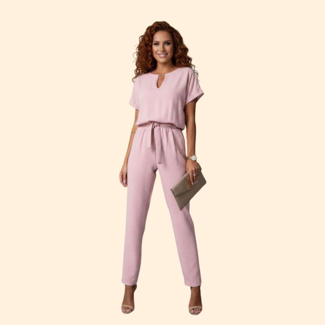 Sophisticated women's V-neck jumpsuit with an adjustable belt, designed for a flattering, elegant look.