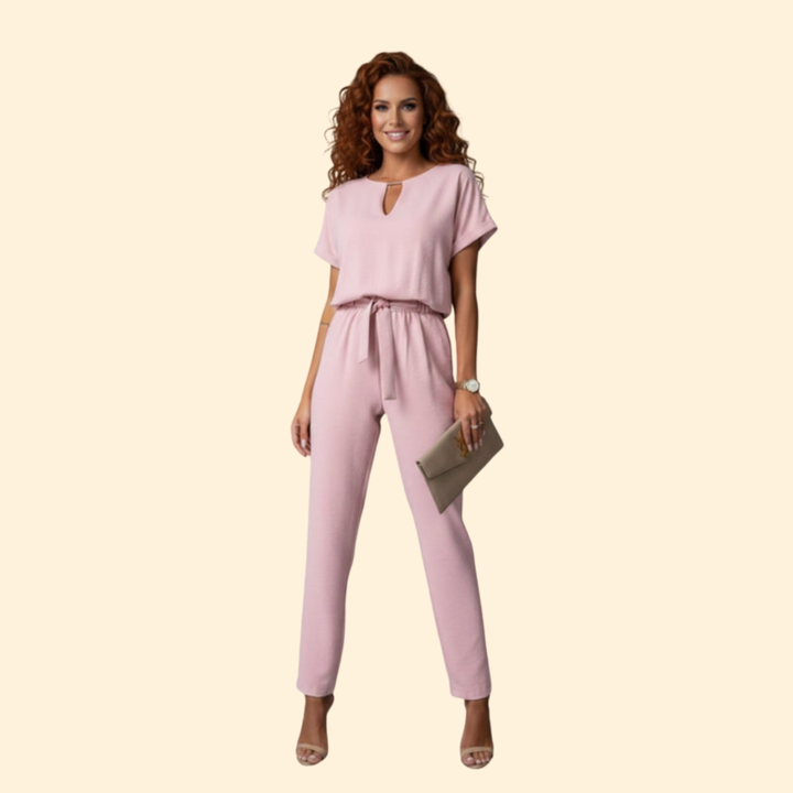 Sophisticated women's V-neck jumpsuit with an adjustable belt, designed for a flattering, elegant look.