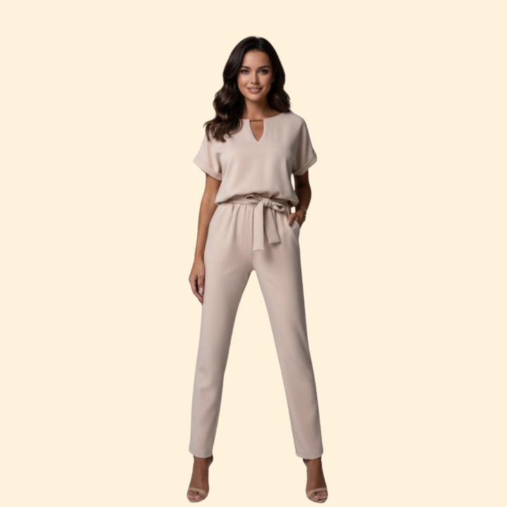 Modern women's elegant V-neck belted jumpsuit, a comfortable and stylish wide-leg one-piece outfit.