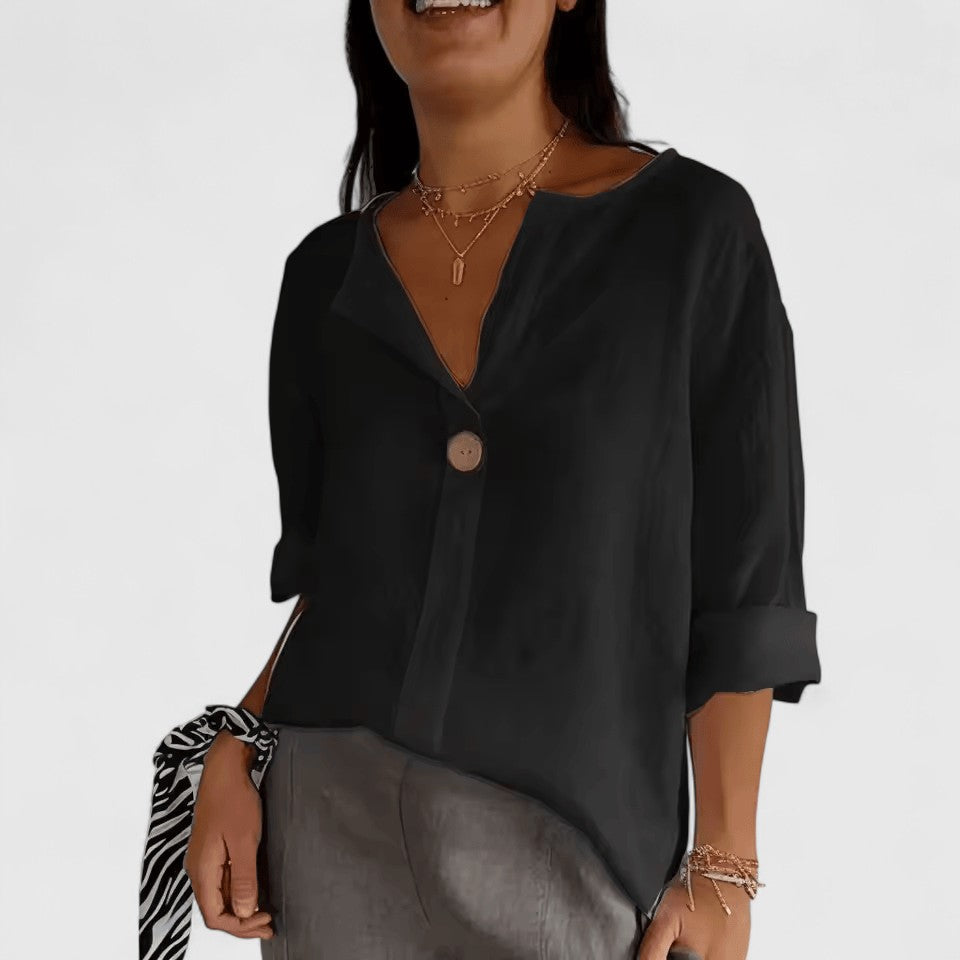 Elegant women's V-neck blouse with chic knot detail, perfect for a stylish and relaxed summer look.