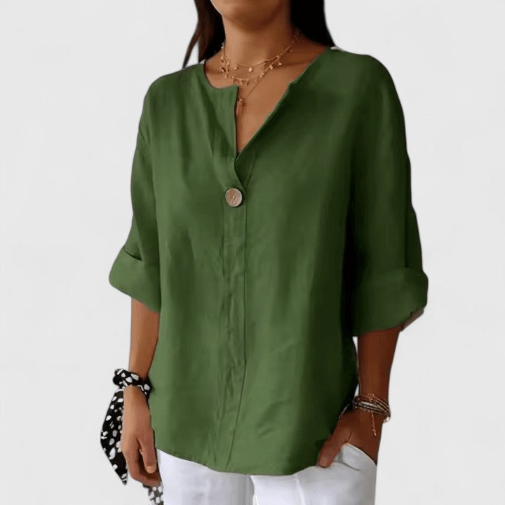 Chic women's V-neck blouse with a trendy knot front, ideal for effortless casual or elegant summer outfits.