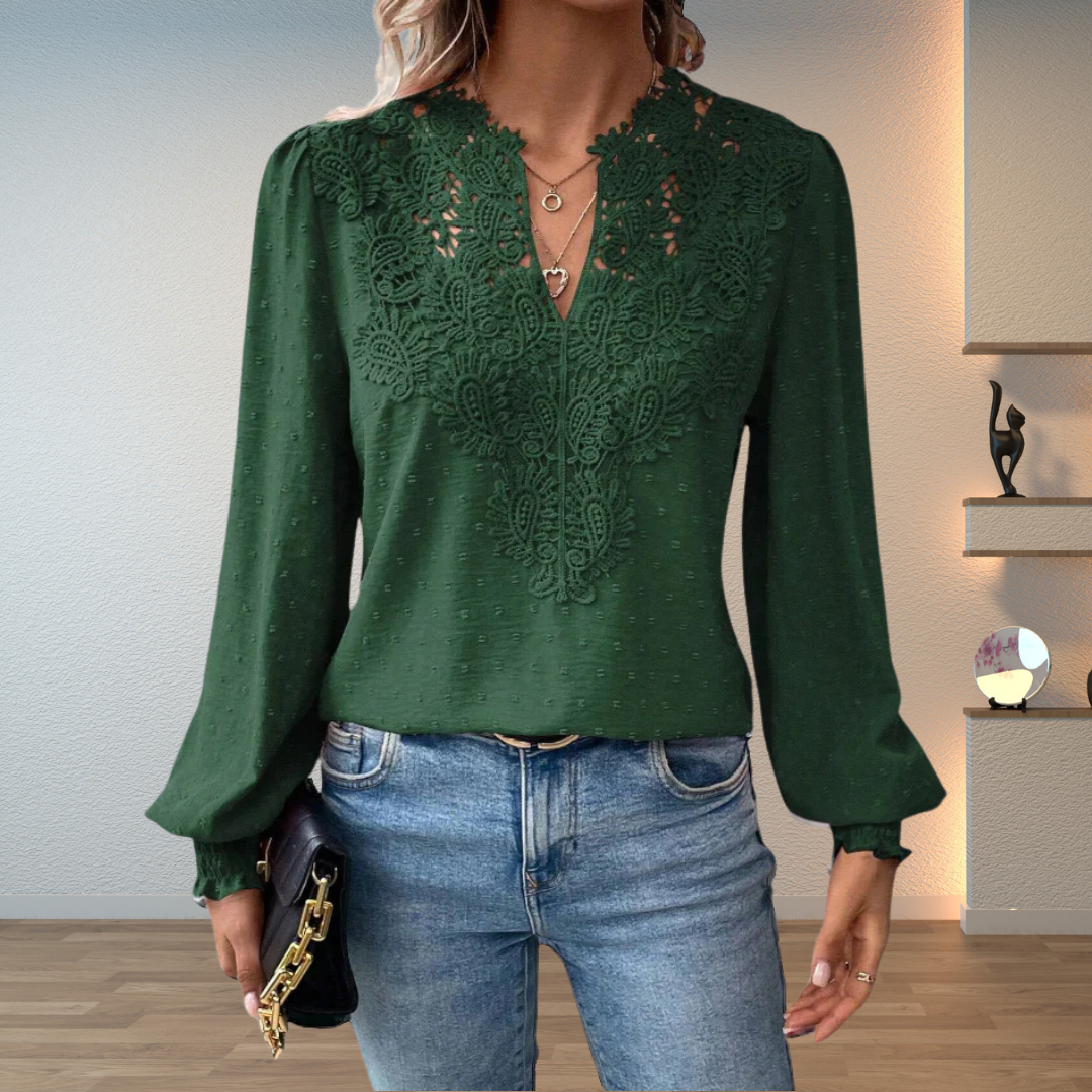 Womens V-neck lace blouse, an elegant long-sleeve top for casual or dressy wear.
