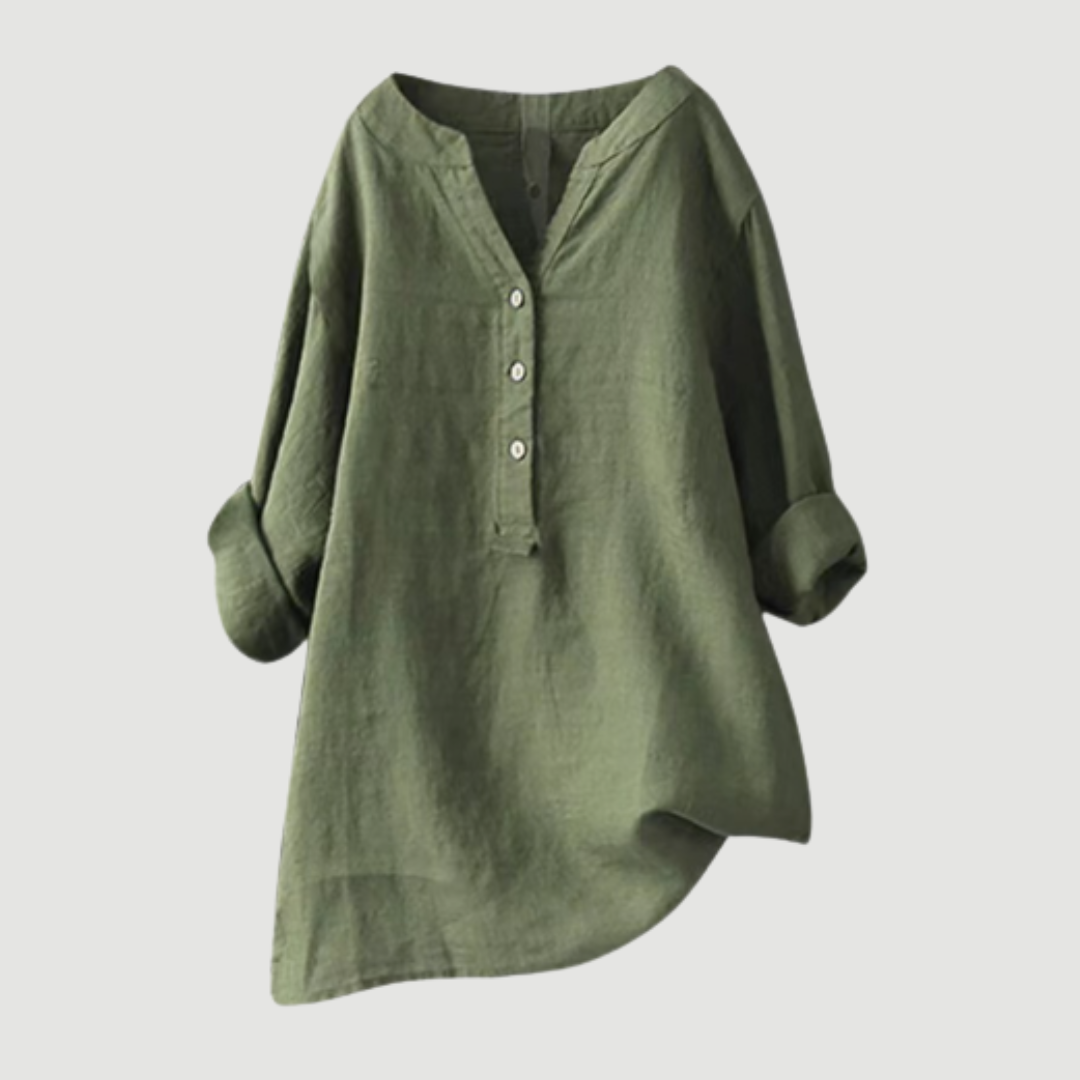 Relaxed fit women's V-neck button-down shirt. Perfect long sleeve top for spring fashion & summer style.