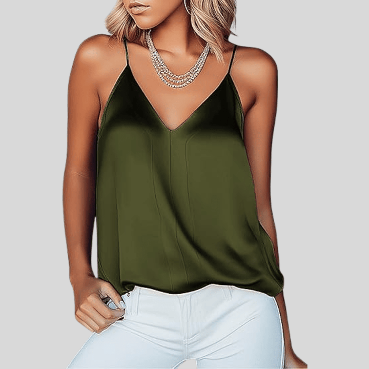 Women's camisole tank top featuring an elegant V-neck and adjustable spaghetti straps for a sleek, comfortable fit.